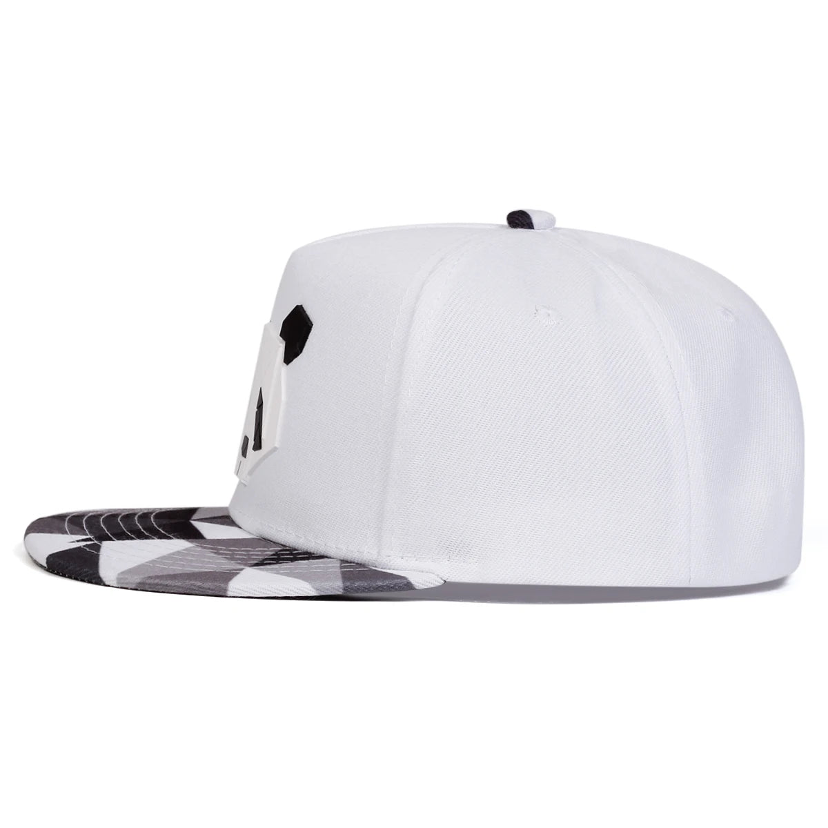 White crypto panda snapback cap with snow camo visor on a white background.