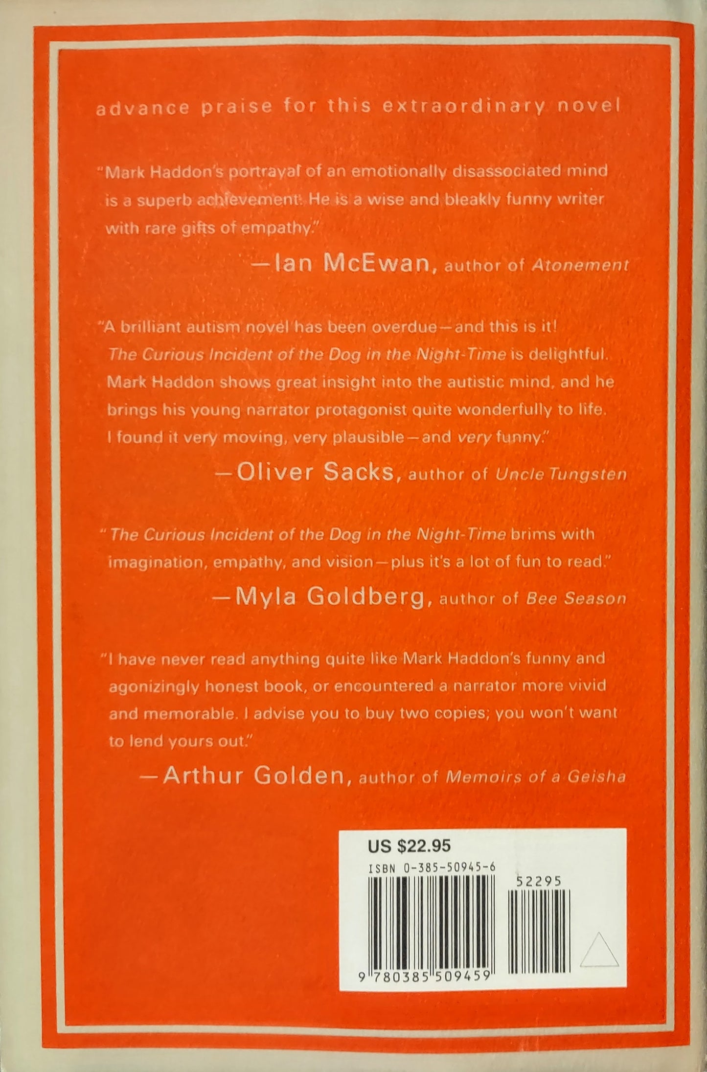 Book back cover of 'The Curious Incident of the Dog in the Night-Time' by Mark Haddon with a red background and white text featuring synopsis.