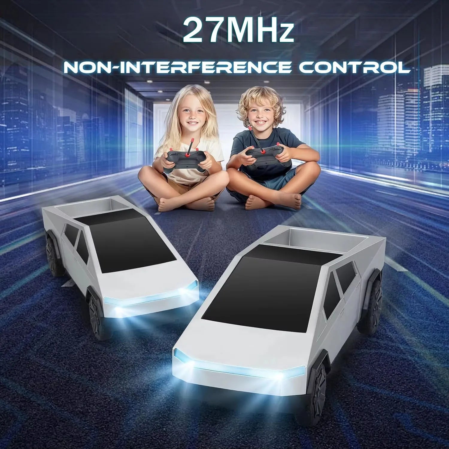 Two children sitting on the floor with remote control cars and controllers, featuring '27MHz Non-Interference Control' text.