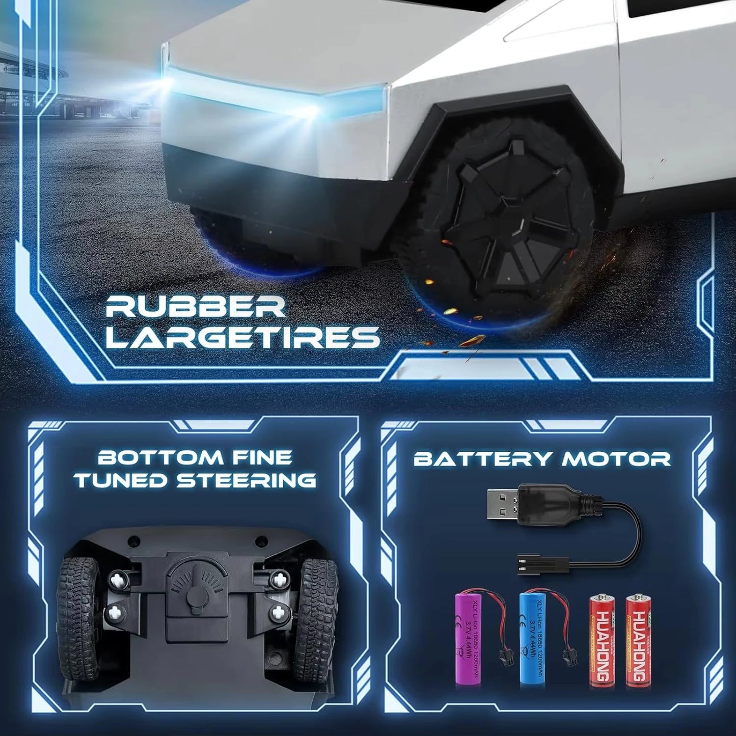 Toy car with features highlighted on a dark background