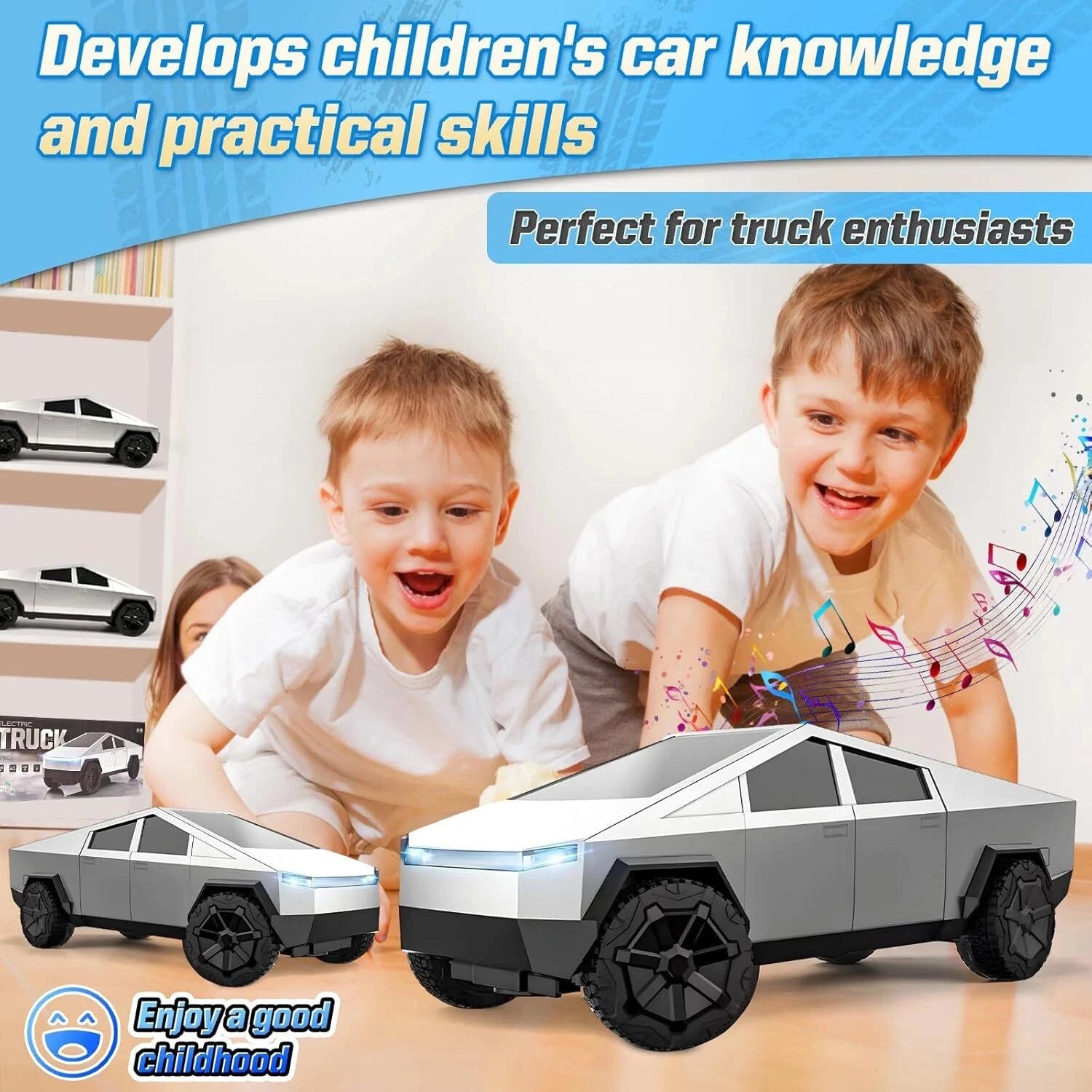 Children playing with toy cars, with text about developing car knowledge and practical skills.