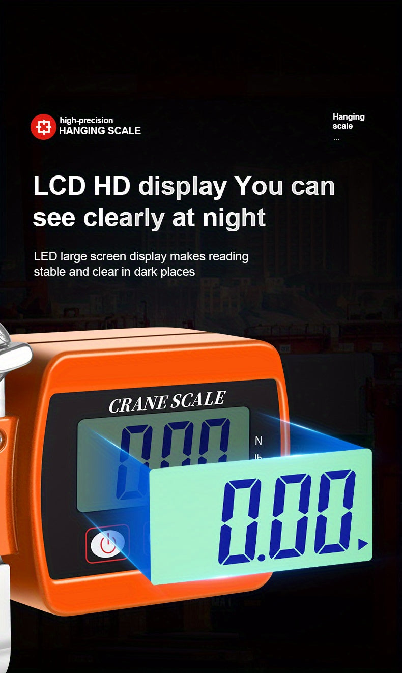 Digital crane scale with LCD display on a black background