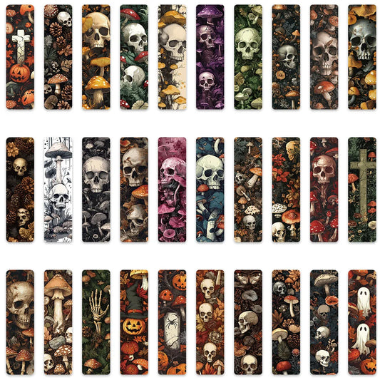 Collection of Halloween-themed bookmarks with skulls, mushrooms, pumpkins, and other elements.