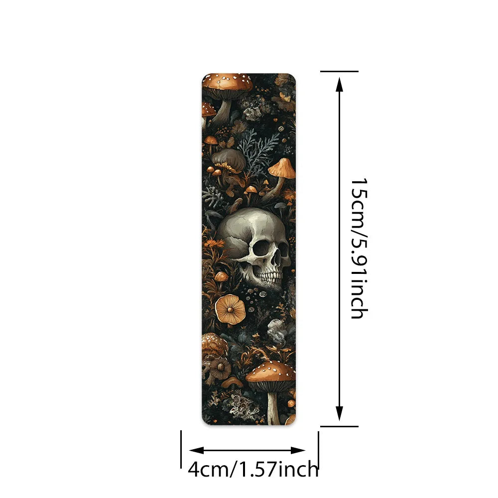Skull and Mushroom bookmarks with dimensions and measurement guideline chart.