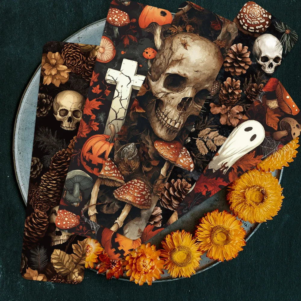 Halloween-themed collage with skulls, pumpkins, and flowers on a dark background