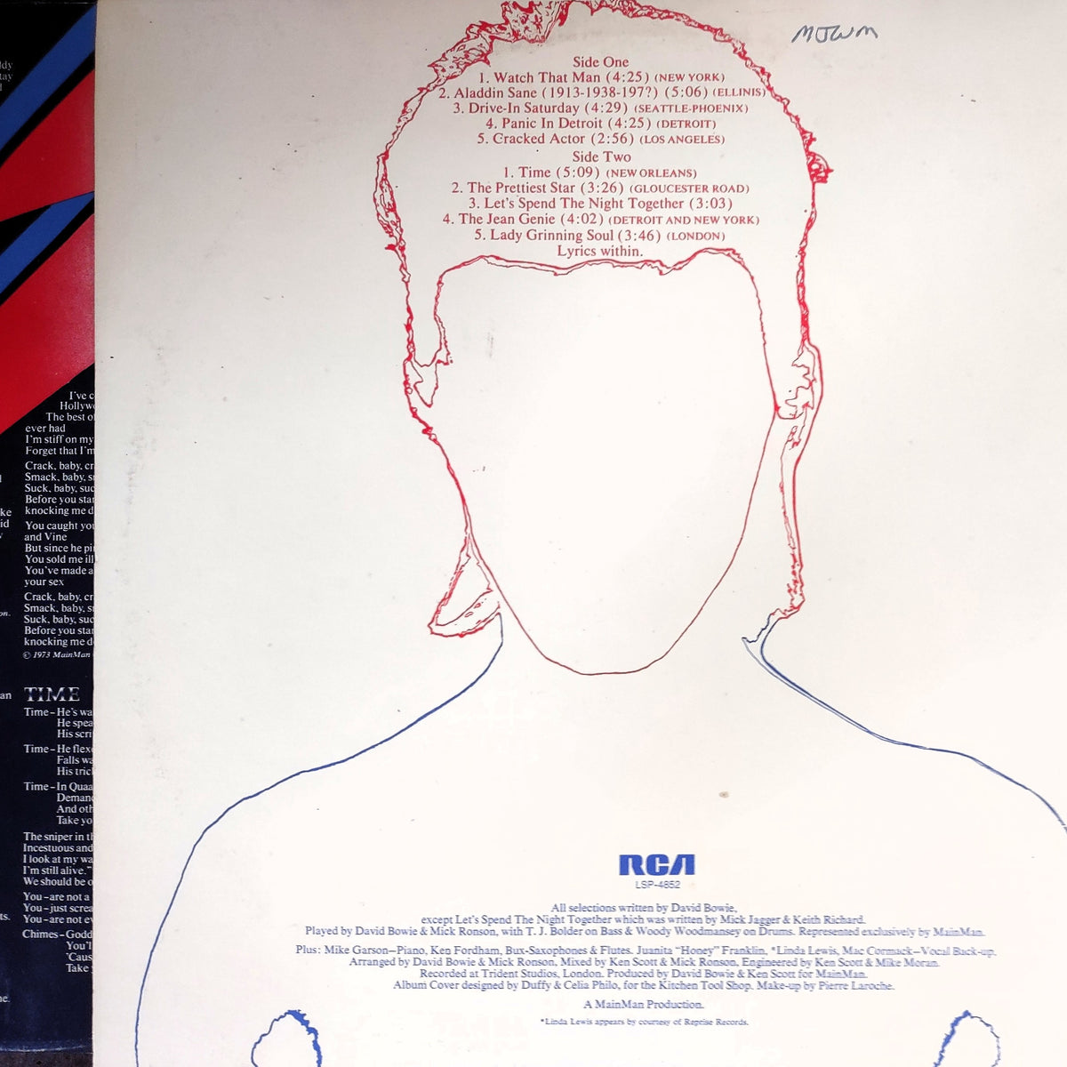 Album back cover artwork for David Bowie's 'Aladdin Sane' on RCA, featuring a stylized red line drawing of a head with a profile silhouette and blue line drawing of feet, with tracklist text on a white background.