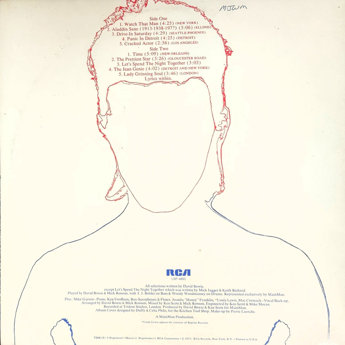 Album cover artwork for David Bowie's 'Aladdin Sane' on RCA, featuring a stylized line drawing of a human head and shoulders with red and blue outlines on a cream background, plus printed tracklist and credits.