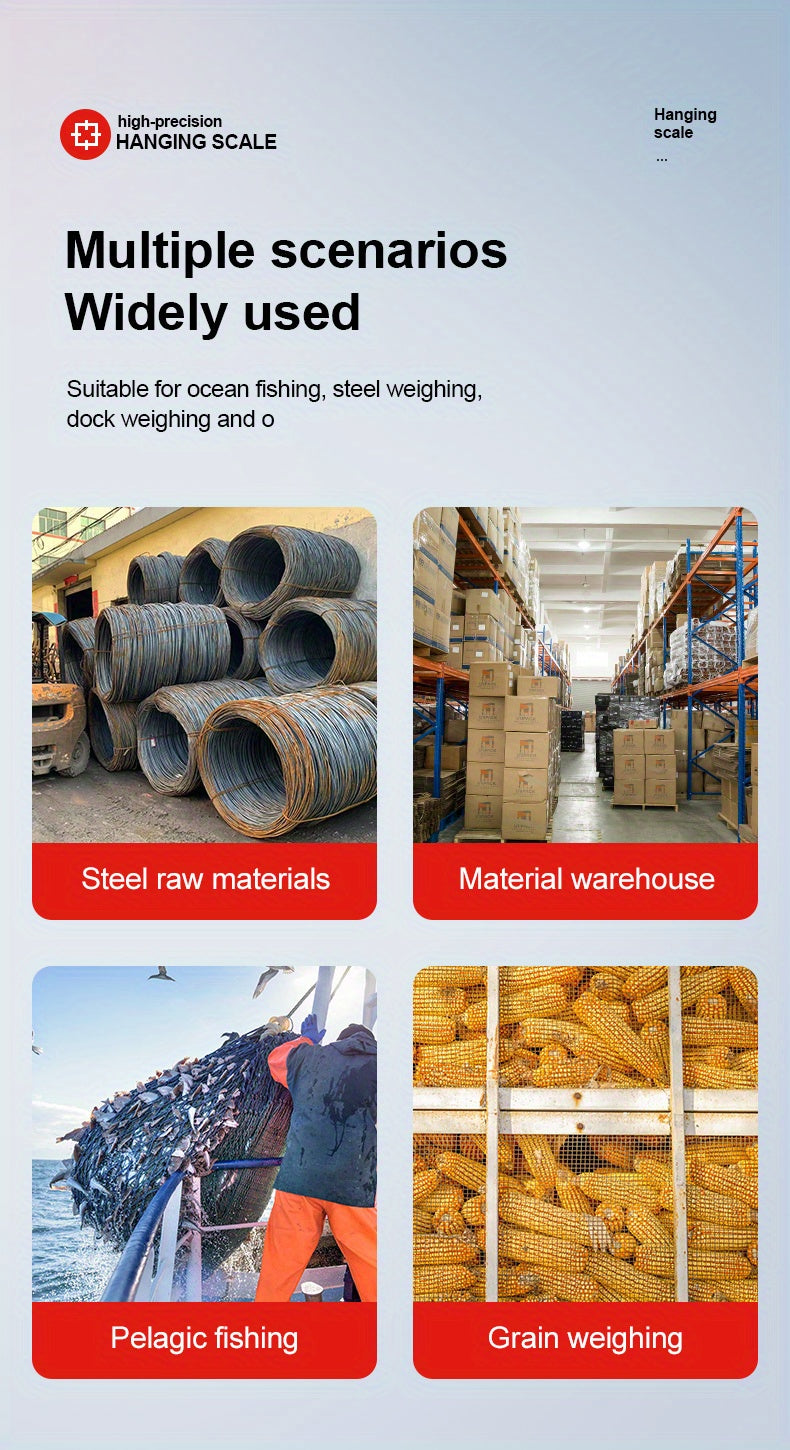 Promotional poster for a weighing system with images of steel raw materials, material warehouse, pelagic fishing, and grain weighing.