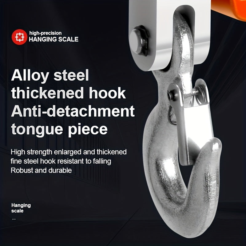 Metallic hanging hook scale with text on a black background