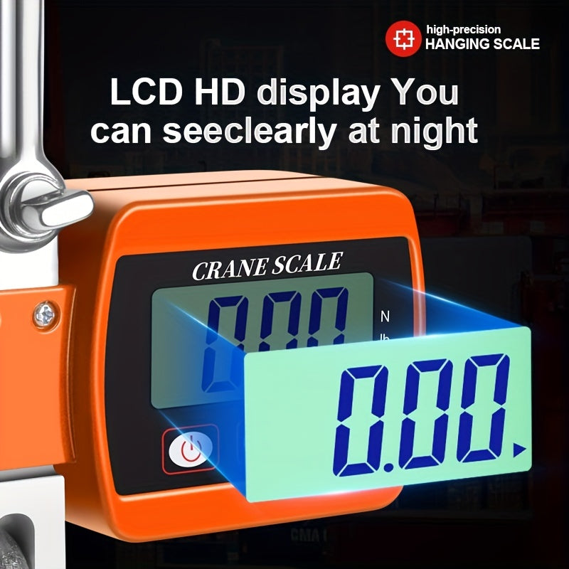 Digital crane scale with LCD display on a black background