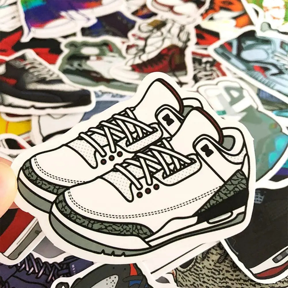 Sticker of a white Air Jordan III sneaker with green accents on a colorful background