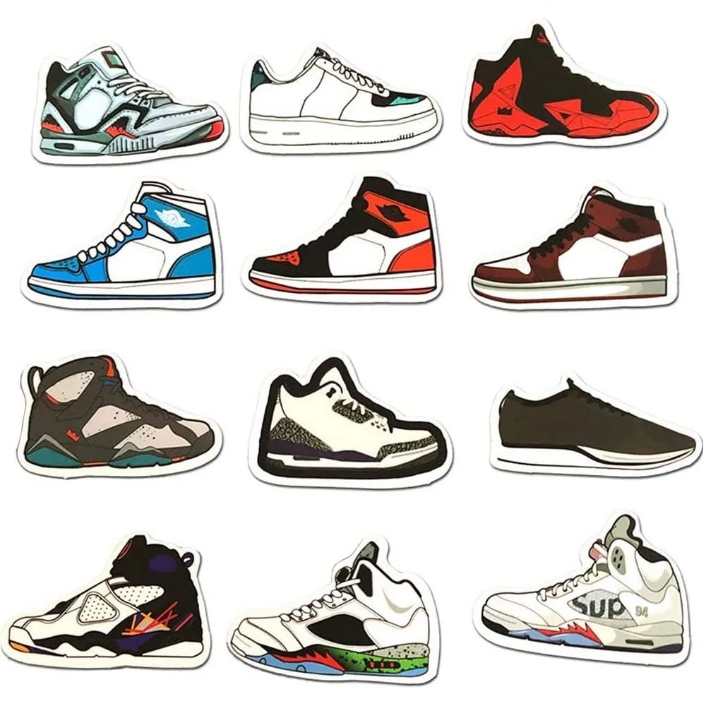 Stickers with illustrations of various sneakers arranged in a grid on a white background