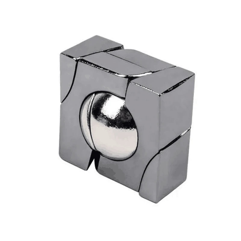 Metallic cube STEM puzzle with a spherical center on a white background