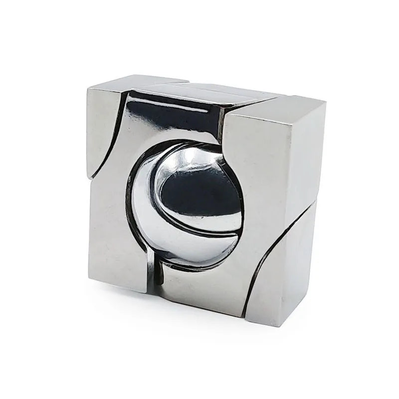 Metallic cube IQ brain challenge puzzle with a spherical object inside on a white background.