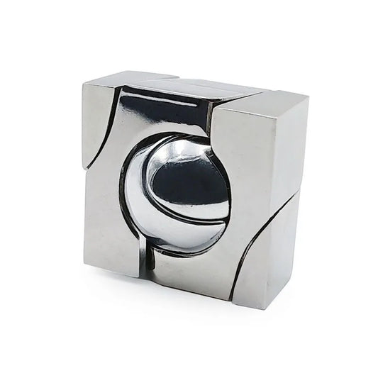Metallic cube IQ brain challenge puzzle with a spherical object inside on a white background.