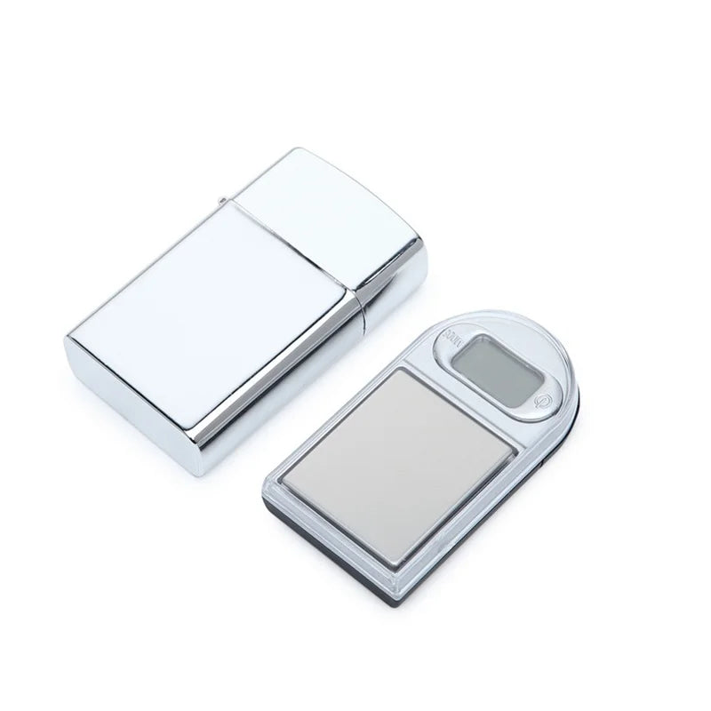The Mini LED Digital Scale | Zippo Lighter Decoy Precision Pocket Scale' sat next to zippo housing for display.