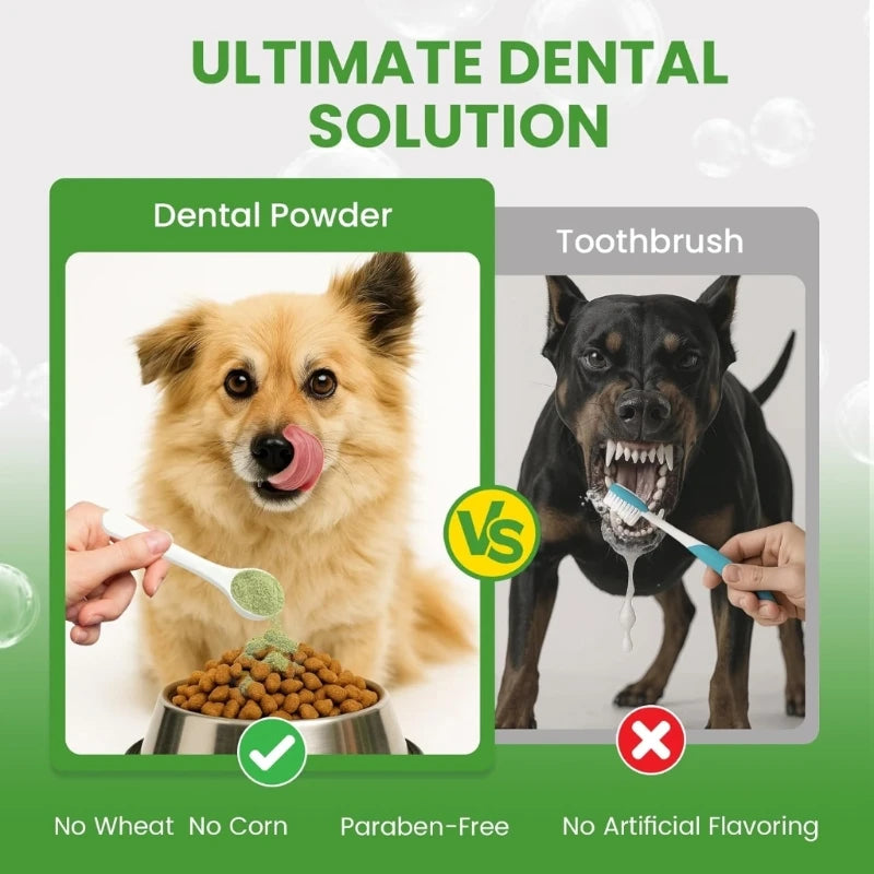 Comparison of dental powder and toothbrush for dogs with a green and gray color scheme.