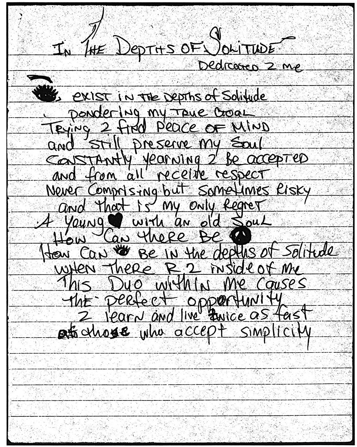 Handwritten poem titled "Depths of Solitude (Dedicated 2 Me)" written by Tupac Shakur from the Poetry Book Collection "The Rose that Grew from Concrete" by 2Pac Amaru Shakur.