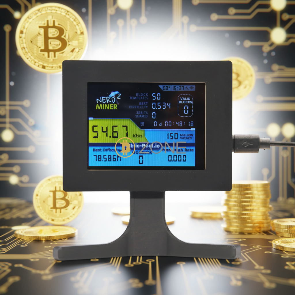 NerdMiner Mini lotto miner Desktop setup with stand resembling TV screen featuring hashrate and other elements of Bitcoin mining in real time with type-c USB connection and a background featuring binary code, blockchain symbolism, 'Bust-Down Books' and Bitcoin elements.