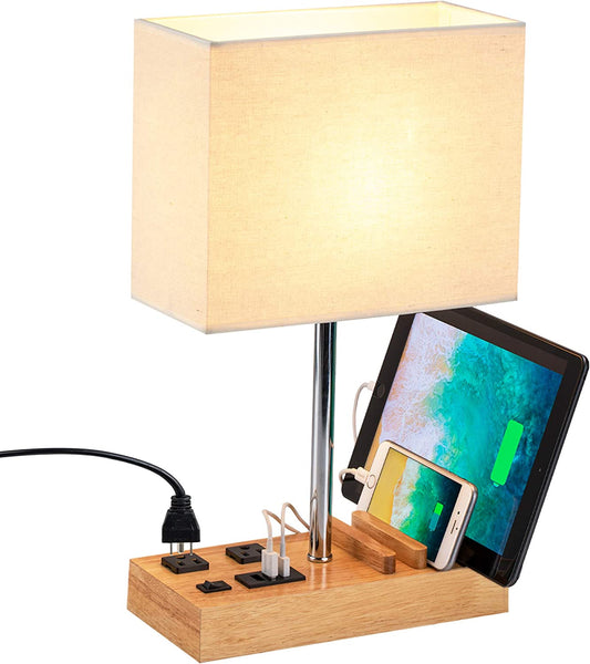 Woodgrain Desk Lamp (3) USB (2) AC Outlets & Sleek-Modern Phone Stands: Power Up Your Space