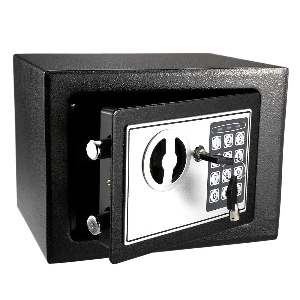 Front view of solid steel digital keypad security safe for home and office.