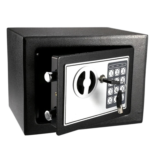 Front view of solid steel digital keypad security safe for home and office.