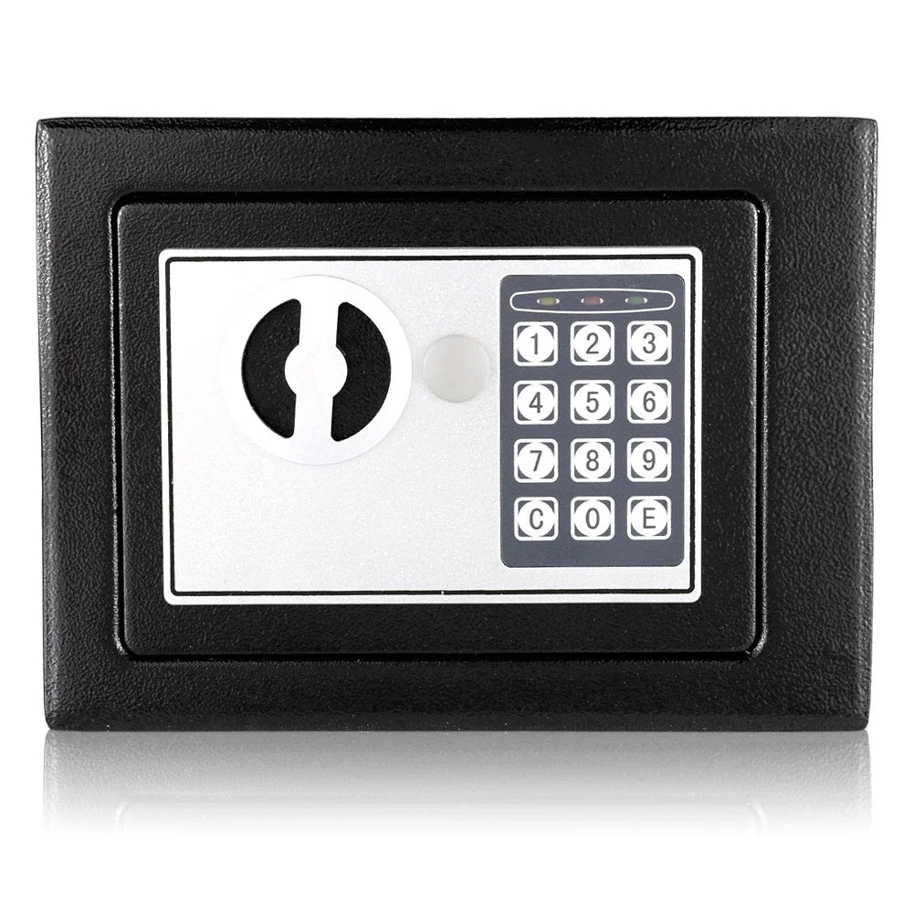 Front view of solid steel digital keypad security safe for home and office.