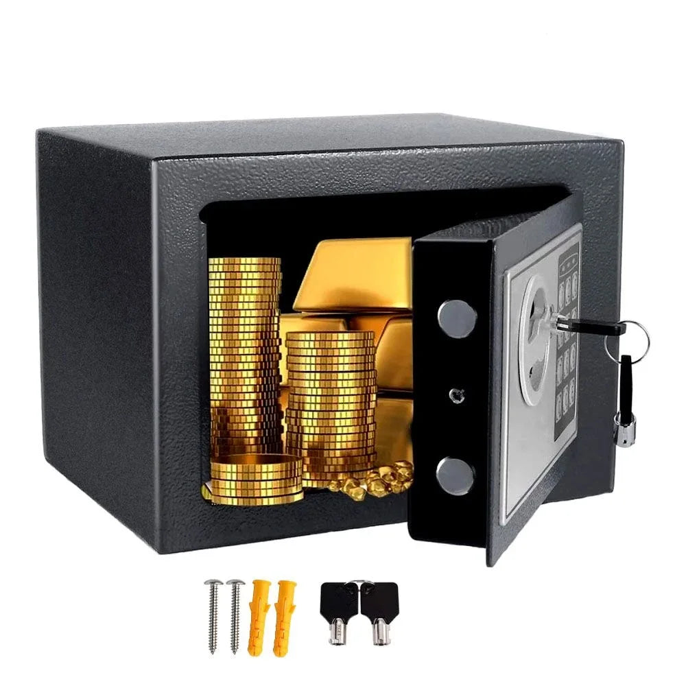 Interior view of electronic safe box showing spacious storage for cash and jewelry.