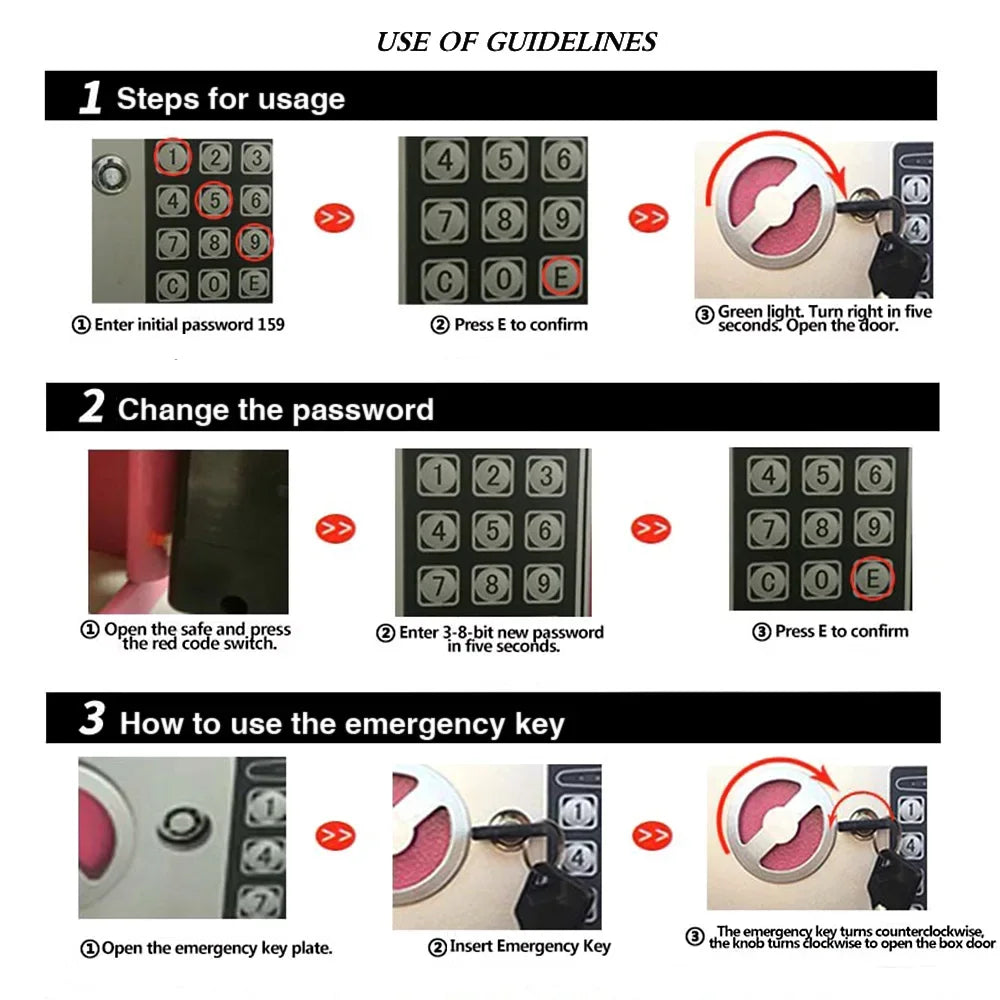 Secure placement of digital safe in a home office environment. with instructions for using a safe with images of buttons and switches.