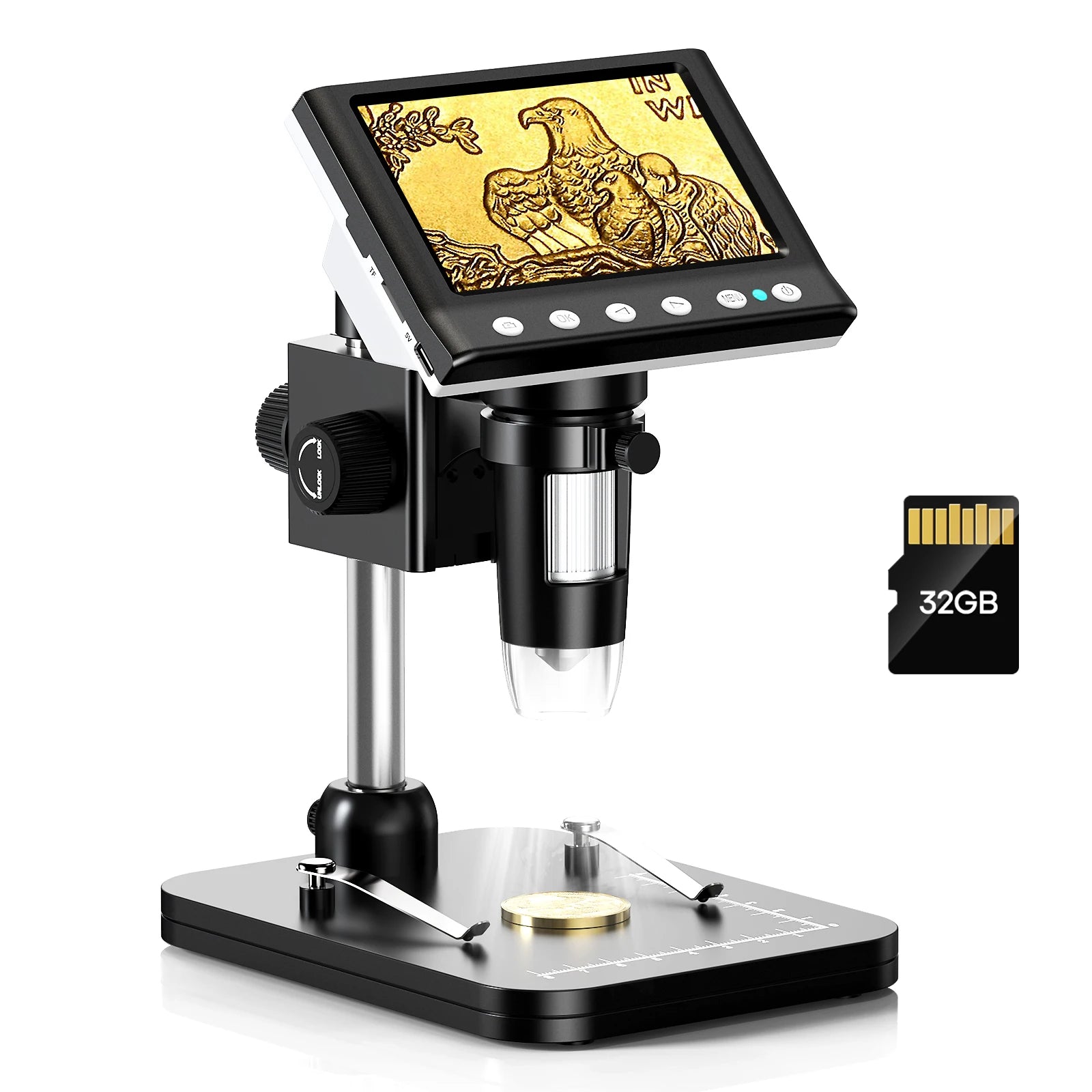 Digital microscope with screen displaying an image, mounted on a stand with a 32GB SD card beside it.
