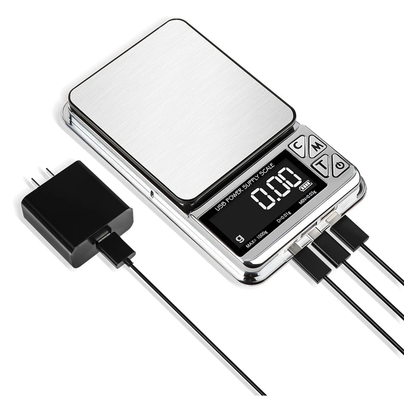 Digital scale with power adapter on a white background