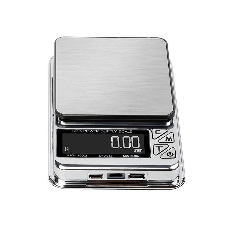 Digital scale with USB power supply on a white background