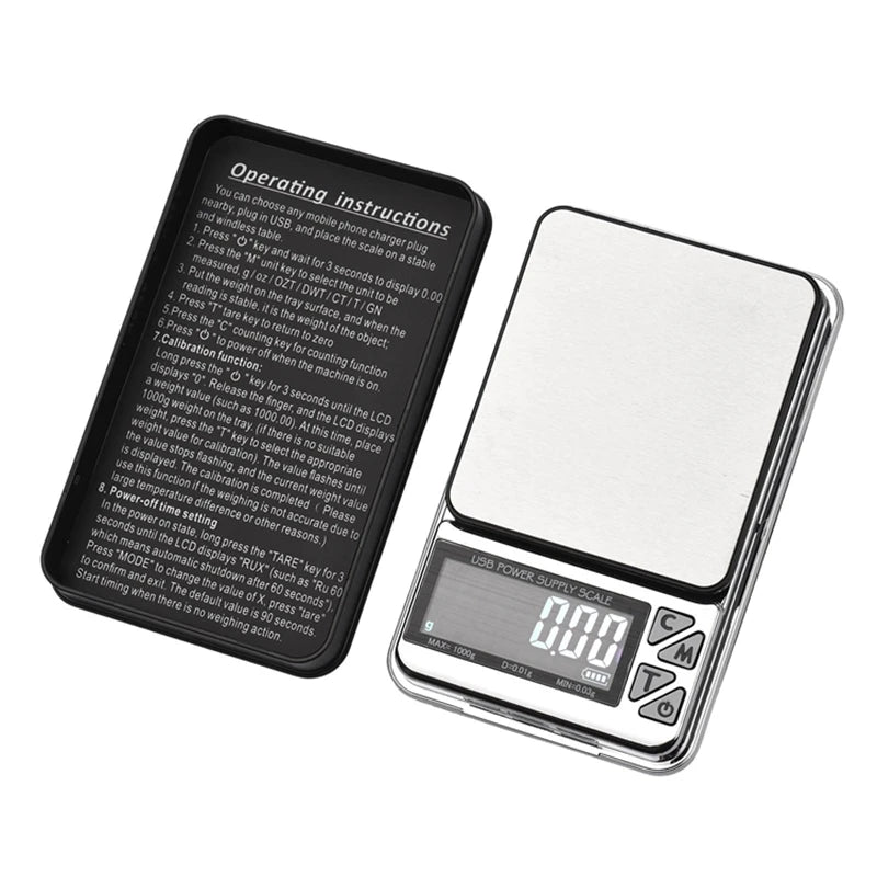 Digital pocket scale with operating instructions on a white background