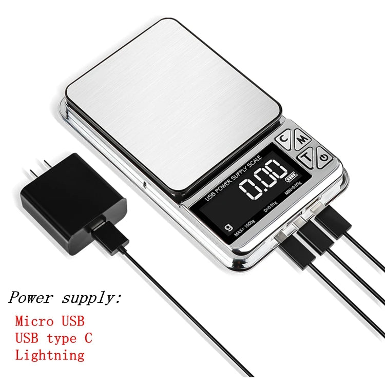 Digital scale with power supply options on a white background