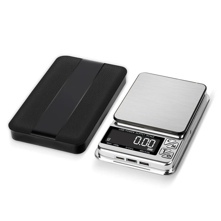 Digital pocket weighing scale with a black case on a white background