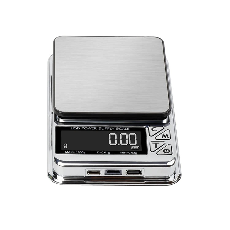 Digital weight scale with a metallic finish on a white background