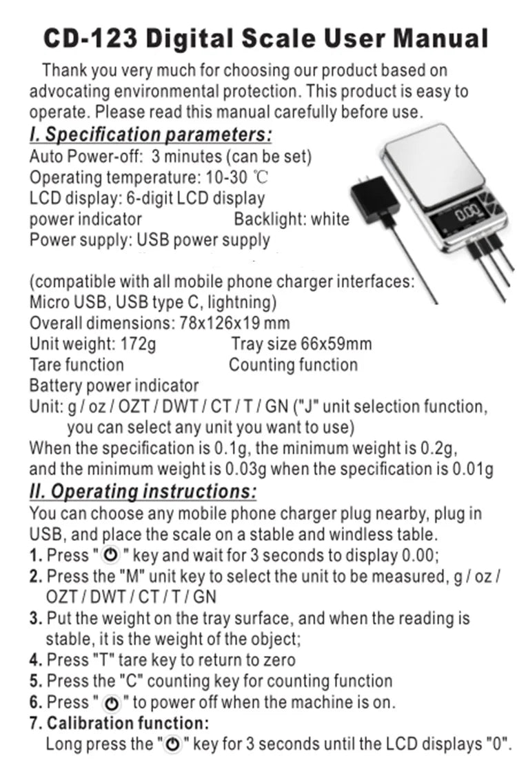 CD-123 Digital Scale User Manual with specifications and operating instructions.