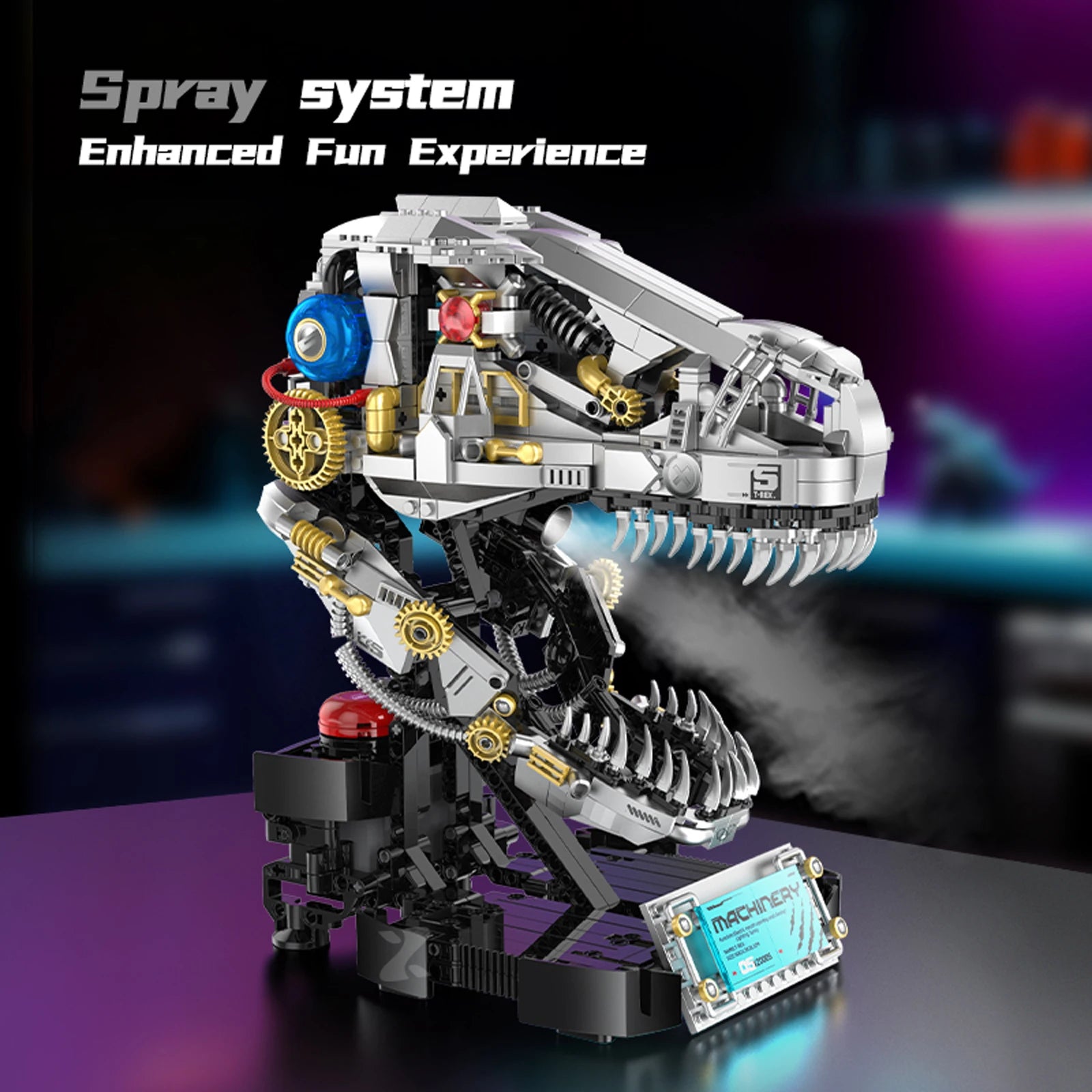 Toy dinosaur model with mechanical details and spray feature on a dark background