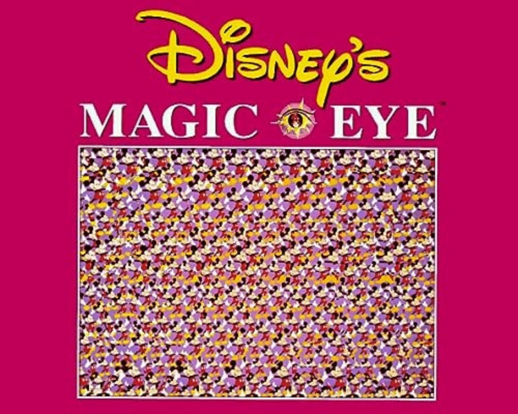 Disney's Magic Eye logo on a pink background with colorful patterned eye illustration.