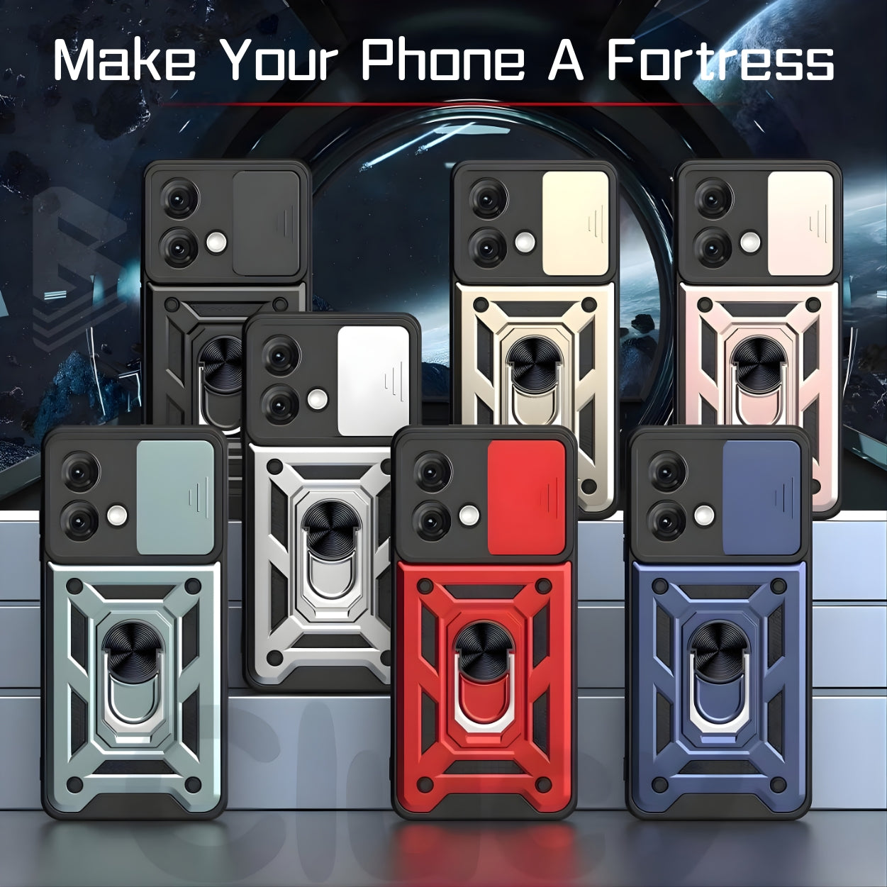 Collection of phone cases with text 'Make Your Phone A Fortress' on a dark background.