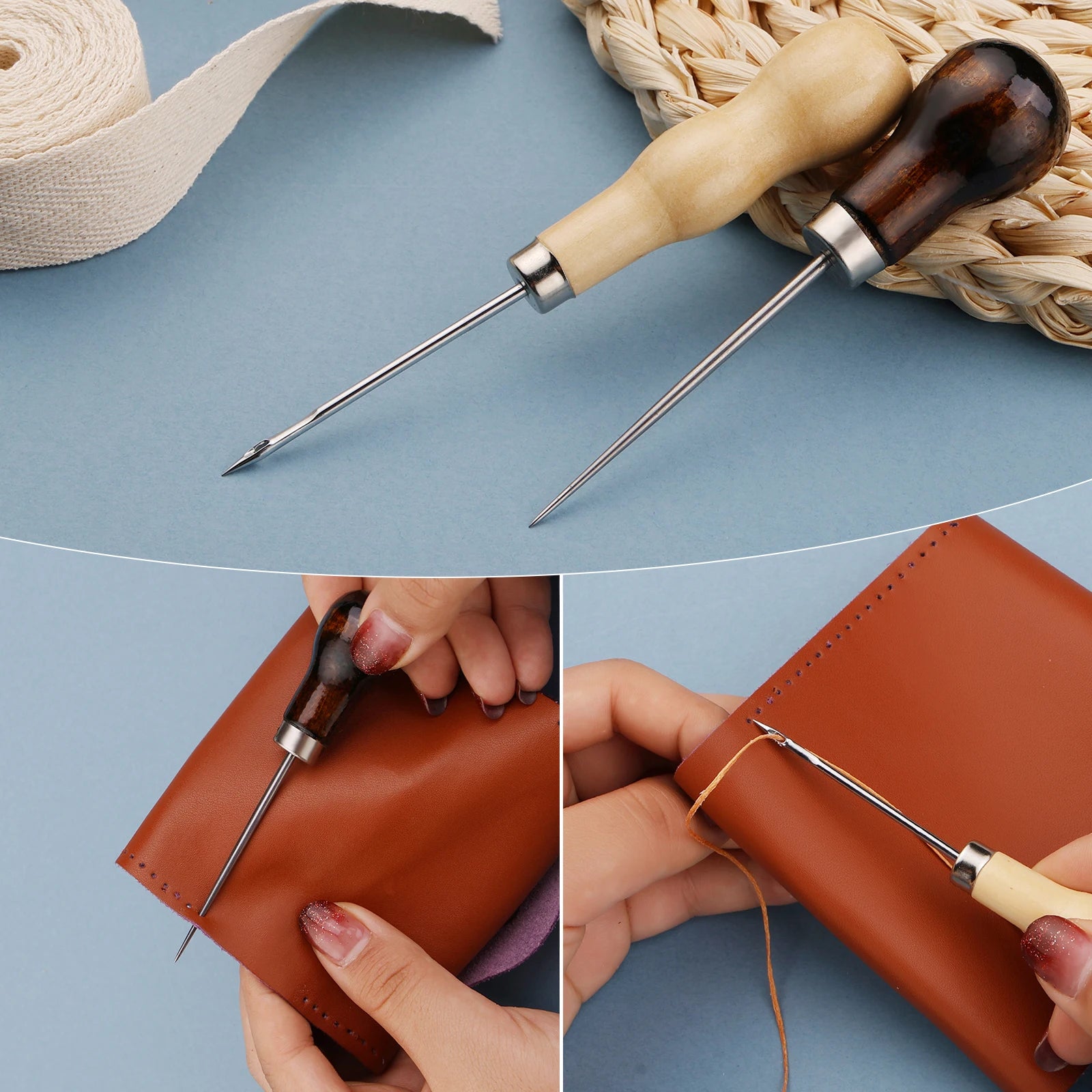 Leather stitching tool with a close-up of hands using it on leather.