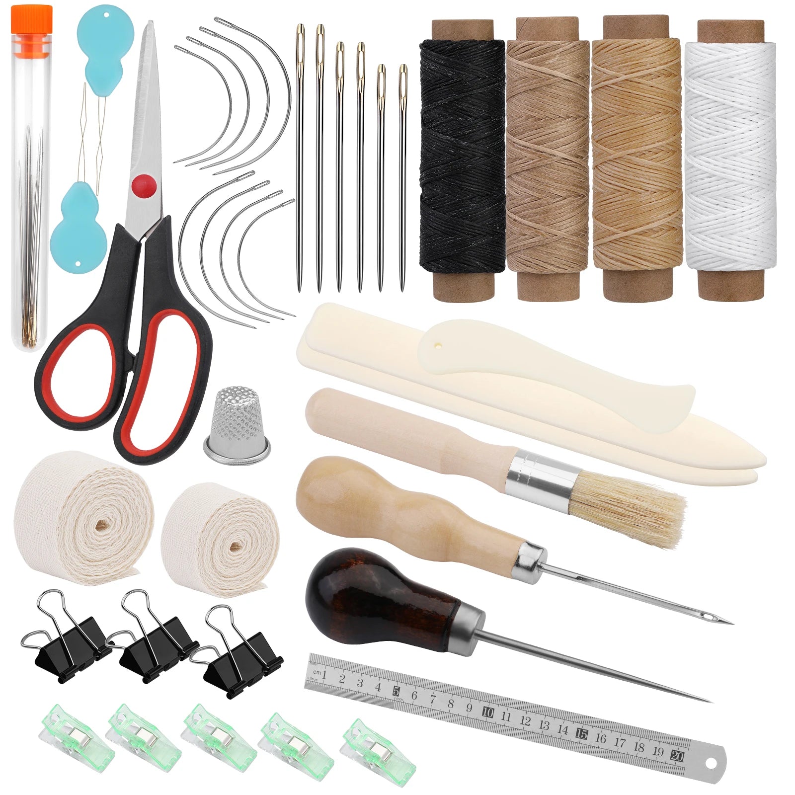 Collection of book binding tools and materials including scissors, needles, thread, and measuring tools on a white background.