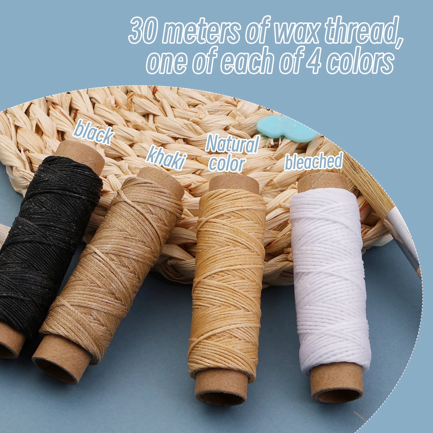 Four spools of wax thread in black, beige, natural color, and white on a woven mat with text indicating the quantity and color options.