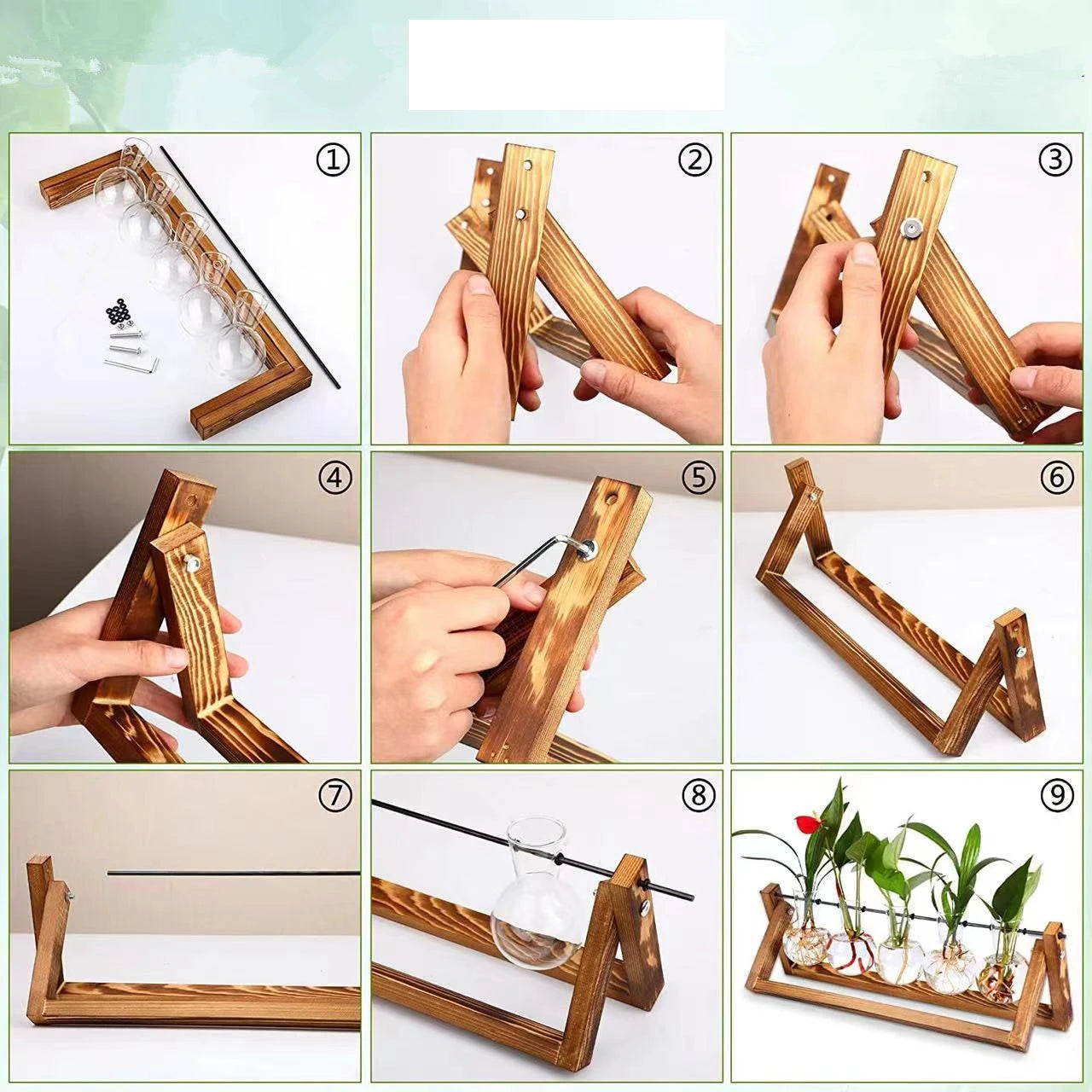 Step-by-step assembly of a wooden plant holder with final product display.