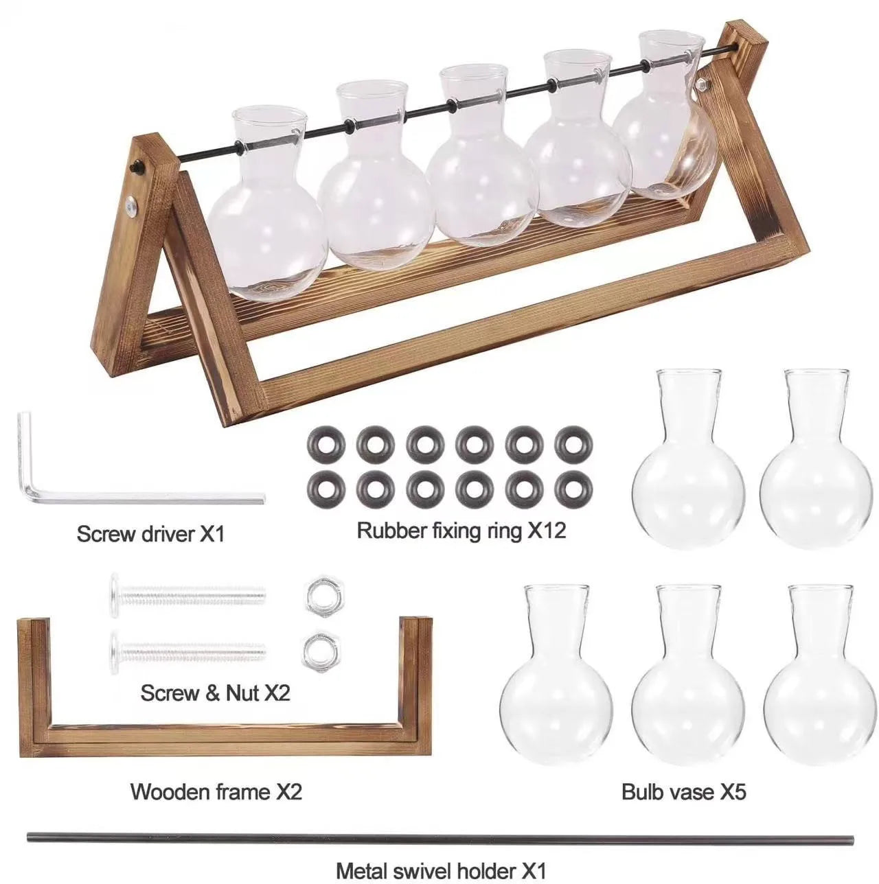 Set of glass bulb vases with wooden frame and components on a white background