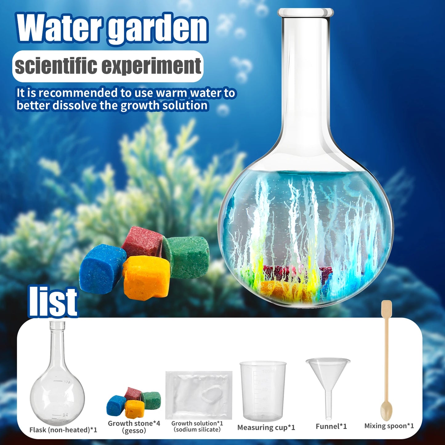 Science experiment kit for water garden with colorful stones and growth solution, set against a blue underwater scene.