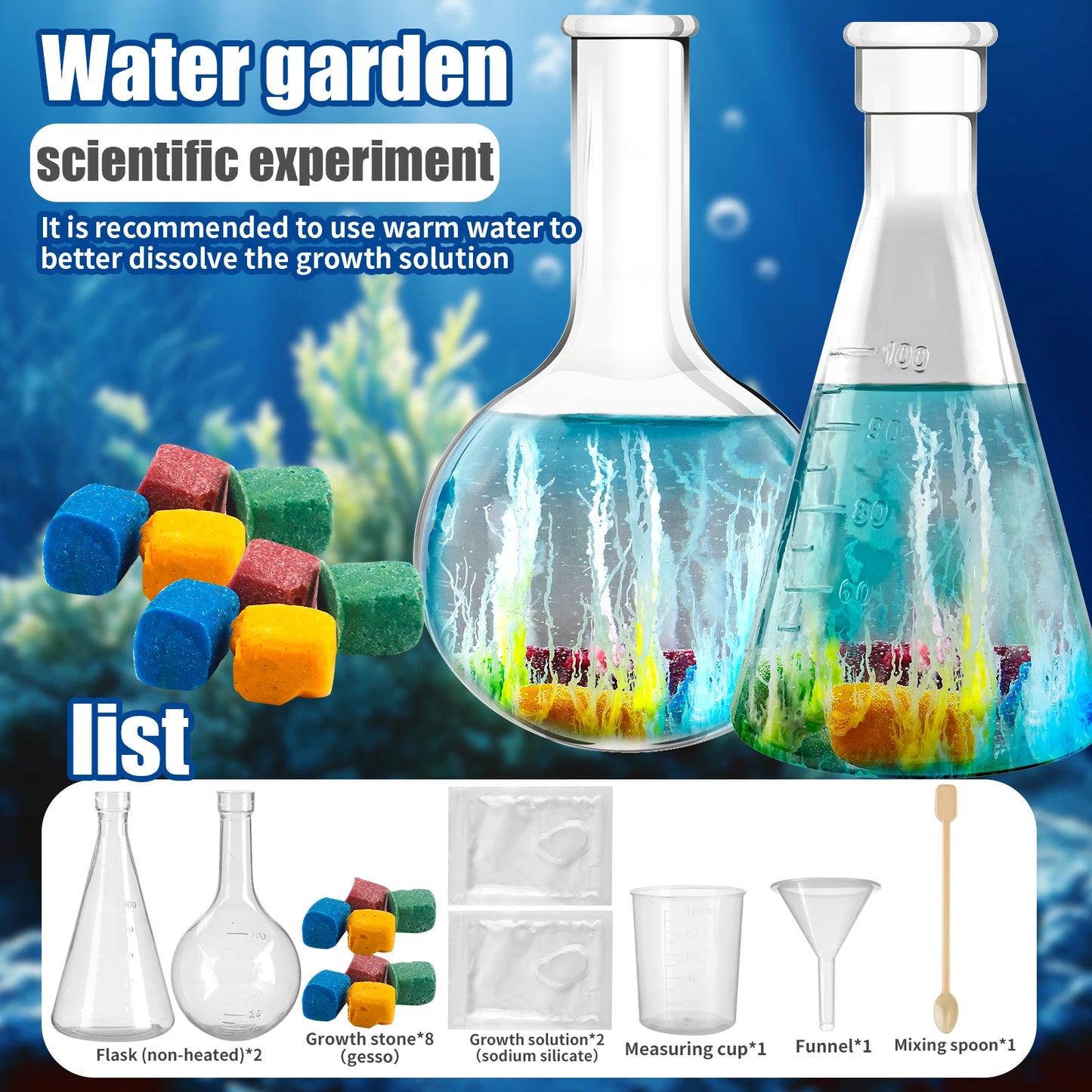Water garden scientific experiment kit with beakers, growth stones, and solution on a blue underwater background.