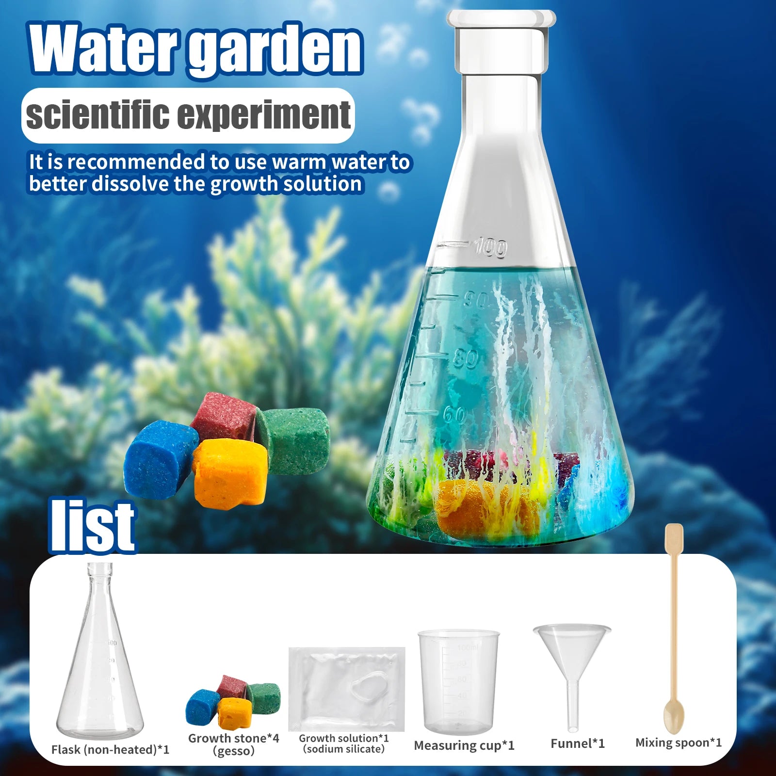 Water garden scientific experiment set with flask, growth stones, and tools on a blue underwater background.