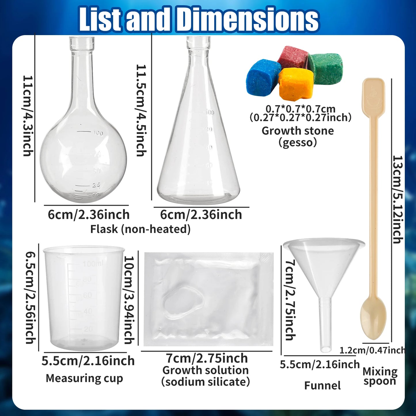 Measurement chart with various lab equipment and their dimensions, including flasks, cups, and a funnel.