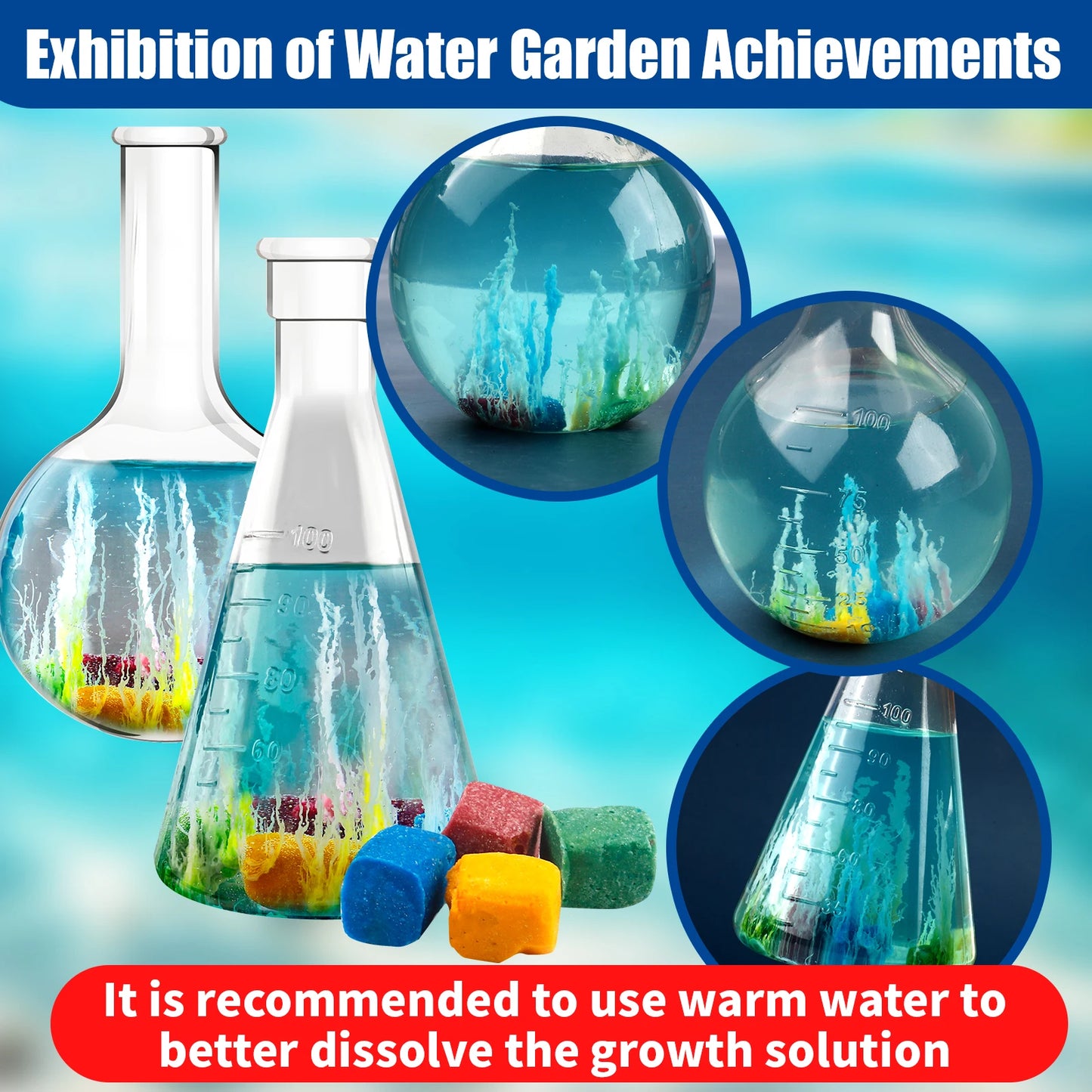 Science-themed water garden with beakers and colorful cubes, set against a blue gradient background.